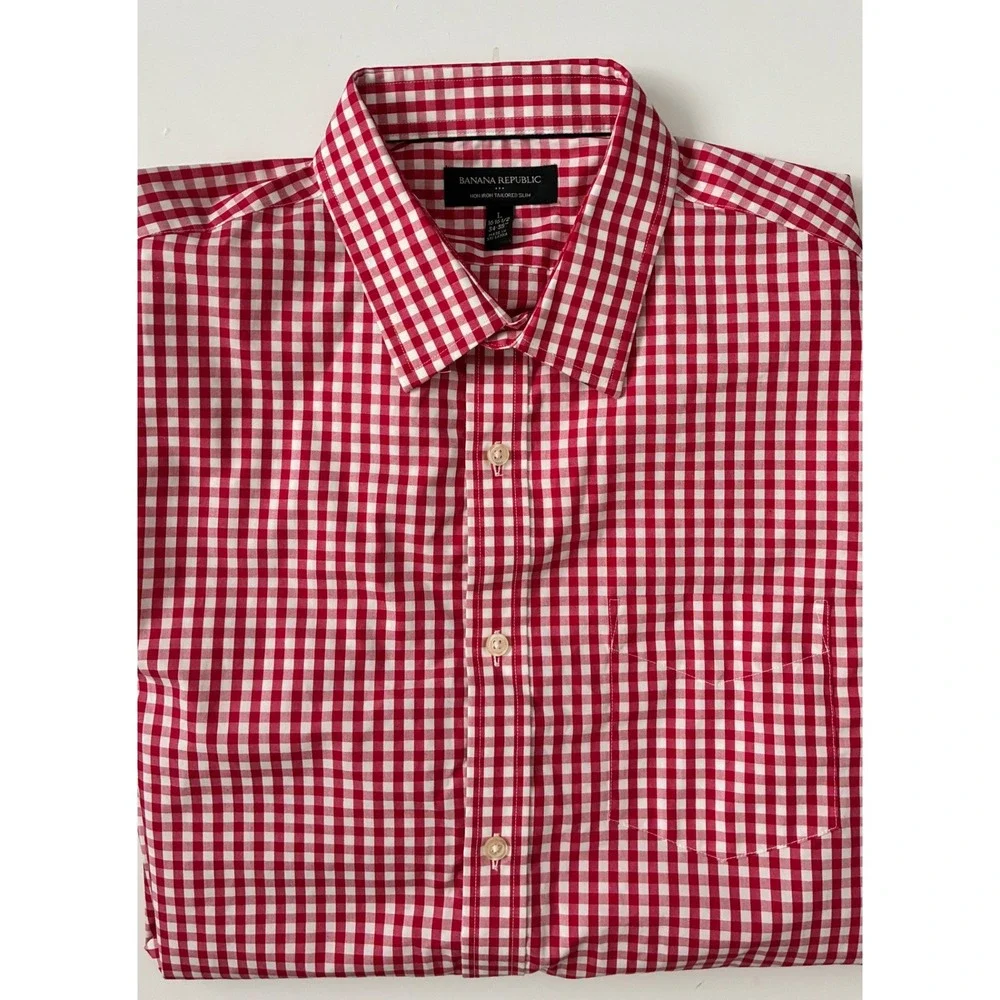 Banana Republic Mens Red Gingham Non Iron Tailored Slim Fit Shirt Large 16-16.5